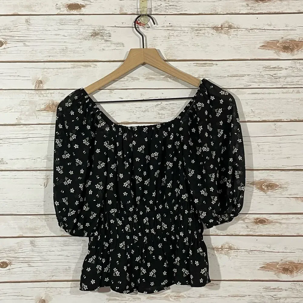 Madewell Zira Shirred Puff Sleeve Blouse - Ditsy Floral True Black - XS